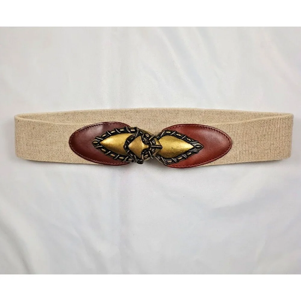 Vtg 80s Omega Day-Lor USA Brass Arrowhead Stretch Belt Leather Cinch M L Boho